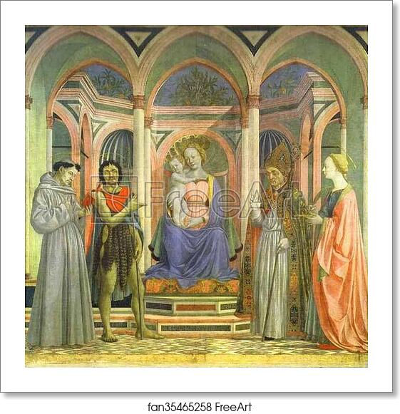 Free art print of The Madonna and Child Enthroned with SS. Francis, John the Baptist, Zenobius and Lucy. The main part of the Altarpiece of St. Lucy of the Magnolias by Domenico Veneziano Free art print of The Madonna and Child Enthroned with SS. Francis, John the Baptist, Zenobius and Lucy. The main part of the Altarpiece of St. Lucy of the Magnolias by Domenico Veneziano