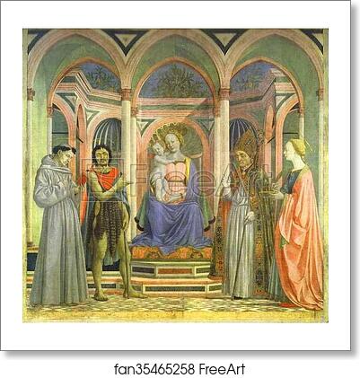 Free art print of The Madonna and Child Enthroned with SS. Francis, John the Baptist, Zenobius and Lucy. The main part of the Altarpiece of St. Lucy of the Magnolias by Domenico Veneziano