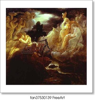 Free art print of Ossian on the Bank of the Lora, Invoking the Gods to the Strains of a Harp by Baron François-Pascal-Simon Gérard