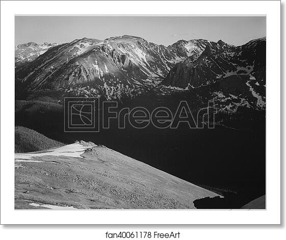 Free art print of In Rocky Mountain National Park, Colorado, panorama of barren mountains and shadowed valley. Photographs of National Parks and Monuments, compiled 1941 - 1942, documenting the period ca. 1933 - 1942. by Ansel Adams (1902-1984) Free art print of In Rocky Mountain National Park, Colorado, panorama of barren mountains and shadowed valley. Photographs of National Parks and Monuments, compiled 1941 - 1942, documenting the period ca. 1933 - 1942. by Ansel Adams (1902-1984)