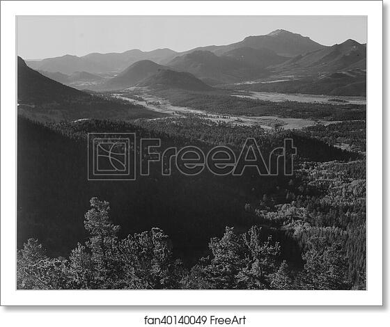 Free art print of Valley surrounded by mountains, "In Rocky Mountain National Park,"Colorado.  Photographs of National Parks and Monuments, compiled 1941 - 1942, documenting the period ca. 1933 - 1942. by Ansel Adams (1902-1984)