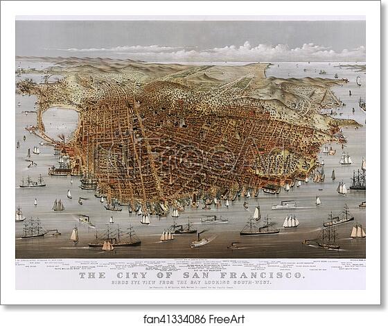 Free art print of Color lithograph of the City of San Francisco. Birds eye view from the bay looking south-west. Panoramic view of San Francisco, California, with the San Francisco Bay in the foreground and the Pacific Ocean in the background. by Currier & Ives