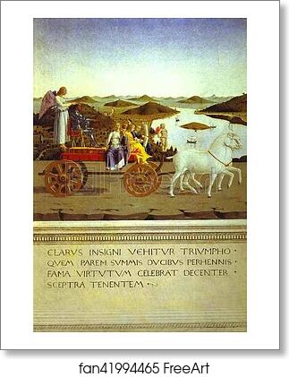 Free art print of Allegorical Triumph of Federico da Mantefeltro. Reverse of Portrait of Federico da Montefeltro, Duke of Urbino by Piero Della Francesca