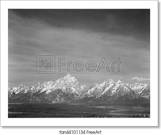 Free art print of Tetons from Signal Mountain, View of valley and snow-capped mountains, low horizons, Grand Teton National Park, Wyoming. Photographs of National Parks and Monuments, compiled 1941 - 1942, documenting the period ca. 1933 - 1942. by Ansel Adams (1902-1984) Free art print of Tetons from Signal Mountain, View of valley and snow-capped mountains, low horizons, Grand Teton National Park, Wyoming. Photographs of National Parks and Monuments, compiled 1941 - 1942, documenting the period ca. 1933 - 1942. by Ansel Adams (1902-1984)