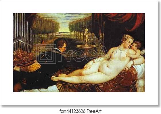 Free art print of Venus and Cupid with an Organist by Titian