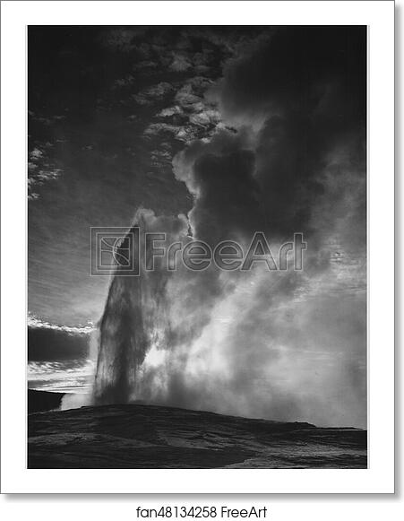 Free art print of Taken at dusk or dawn from various angles during eruption. "Old Faithful Geyser, Yellowstone National Park," Wyoming. (vertical orientation). Photographs of National Parks and Monuments, compiled 1941 - 1942, documenting the period ca. 1933 - 1942. by Ansel Adams (1902-1984) Free art print of Taken at dusk or dawn from various angles during eruption. "Old Faithful Geyser, Yellowstone National Park," Wyoming. (vertical orientation). Photographs of National Parks and Monuments, compiled 1941 - 1942, documenting the period ca. 1933 - 1942. by Ansel Adams (1902-1984)