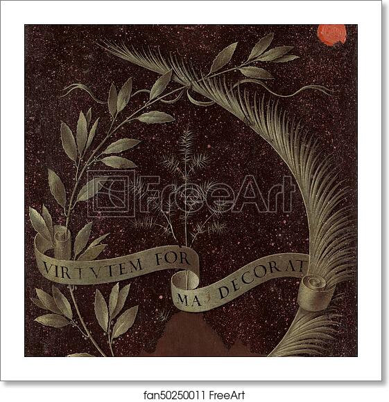 Free art print of Wreath of Laurel, Palm, and Juniper with a Scroll inscribed Virtutem Forum Decorat [reverse] by Leonardo Da Vinci