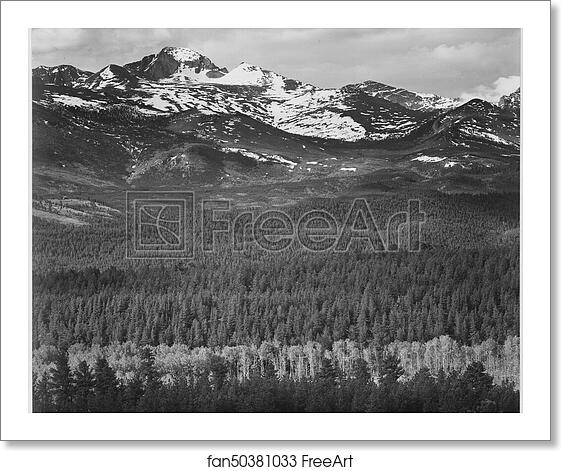 Free art print of View of trees and snow-capped mountains, "Long's Peak from Road, Rocky Mountain National Park," Colorado. Photographs of National Parks and Monuments, compiled 1941 - 1942, documenting the period ca. 1933 - 1942. by Ansel Adams (1902-1984) Free art print of View of trees and snow-capped mountains, "Long's Peak from Road, Rocky Mountain National Park," Colorado. Photographs of National Parks and Monuments, compiled 1941 - 1942, documenting the period ca. 1933 - 1942. by Ansel Adams (1902-1984)