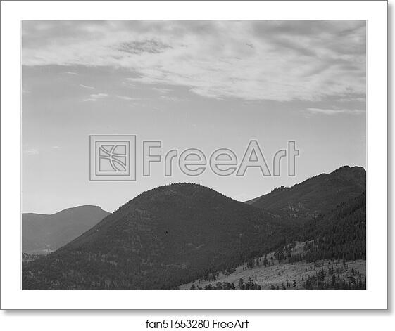 Free art print of View of hill with trees, clouded sky, "In Rocky Mountain National Park," Colorado. Photographs of National Parks and Monuments, compiled 1941 - 1942, documenting the period ca. 1933 - 1942. by Ansel Adams (1902-1984) Free art print of View of hill with trees, clouded sky, "In Rocky Mountain National Park," Colorado. Photographs of National Parks and Monuments, compiled 1941 - 1942, documenting the period ca. 1933 - 1942. by Ansel Adams (1902-1984)