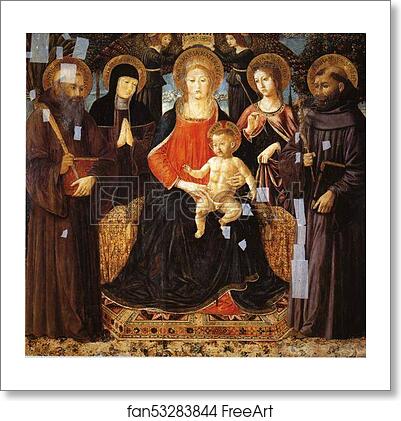 Free art print of Madonna and Child Enthroned Among St. Benedict, St. Scholastica, ST. Ursula and St. John Gualberto by Benozzo Gozzoli