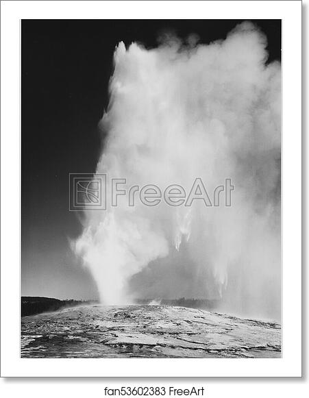 Free art print of Taken at dusk or dawn from various angles during eruption. "Old Faithful Geyser, Yellowstone National Park," Wyoming. (vertical orientation). Photographs of National Parks and Monuments, compiled 1941 - 1942, documenting the period ca. 1933 - 1942. by Ansel Adams (1902-1984) Free art print of Taken at dusk or dawn from various angles during eruption. "Old Faithful Geyser, Yellowstone National Park," Wyoming. (vertical orientation). Photographs of National Parks and Monuments, compiled 1941 - 1942, documenting the period ca. 1933 - 1942. by Ansel Adams (1902-1984)