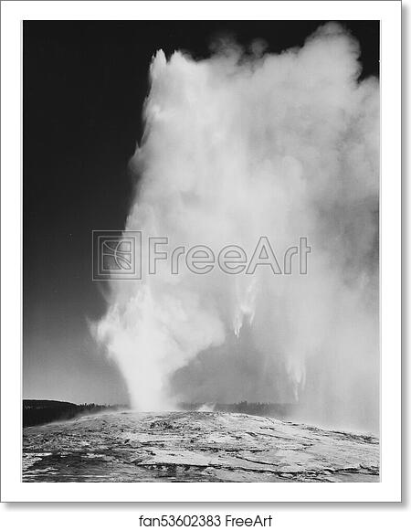 Free art print of Taken at dusk or dawn from various angles during eruption. "Old Faithful Geyser, Yellowstone National Park," Wyoming. (vertical orientation).  Photographs of National Parks and Monuments, compiled 1941 - 1942, documenting the period ca. 1933 - 1942. by Ansel Adams (1902-1984)