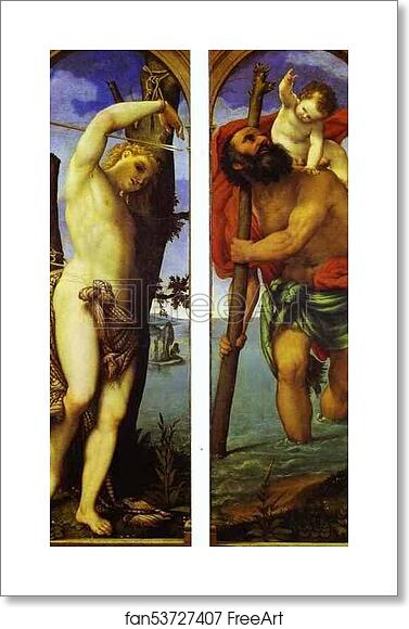 Free art print of Wings of a triptych: St. Sebastian (left); St. Christopher (right) by Lorenzo Lotto Free art print of Wings of a triptych: St. Sebastian (left); St. Christopher (right) by Lorenzo Lotto