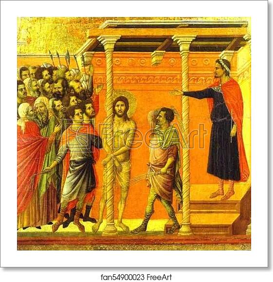 Free art print of Maestà (back, central panel) The Flagellation by Duccio Di Buoninsegna