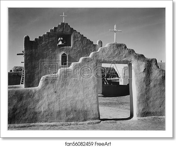 Free art print of Full side view of entrance with gate to the right, "Church, Taos Pueblo National Historic Landmark, New Mexico, 1941." [Mission de San Geronimo].  Photographs of National Parks and Monuments, compiled 1941 - 1942, documenting the period ca. 1933 - 1942. by Ansel Adams (1902-1984)