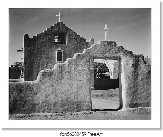 Free art print of Full side view of entrance with gate to the right, "Church, Taos Pueblo National Historic Landmark, New Mexico, 1941." [Mission de San Geronimo].  Photographs of National Parks and Monuments, compiled 1941 - 1942, documenting the period ca. 1933 - 1942. by Ansel Adams (1902-1984)