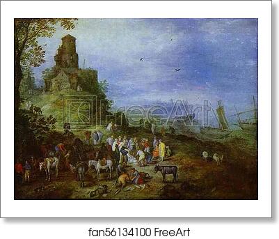 Free art print of Landscape on the Coast, with the Calling of St. Peter and St. Andrew by Jan Brueghel The Elder