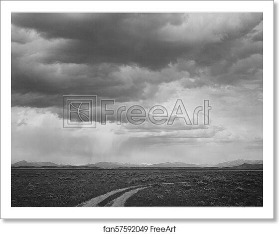 Free art print of Roadway, low horizon, mountains, clouded sky, "Near (Grand) Teton National Park,". Photographs of National Parks and Monuments, compiled 1941 - 1942, documenting the period ca. 1933 - 1942. by Ansel Adams (1902-1984) Free art print of Roadway, low horizon, mountains, clouded sky, "Near (Grand) Teton National Park,". Photographs of National Parks and Monuments, compiled 1941 - 1942, documenting the period ca. 1933 - 1942. by Ansel Adams (1902-1984)