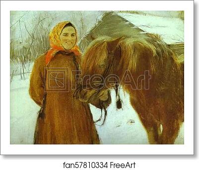 Free art print of In a Village. Peasant Woman with a Horse by Valentin Serov