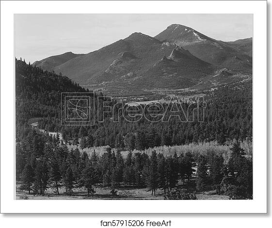 Free art print of View with trees in foreground, barren mountains in background, "In Rocky Mountain National Park," Colorado.  Photographs of National Parks and Monuments, compiled 1941 - 1942, documenting the period ca. 1933 - 1942. by Ansel Adams (1902-1984)