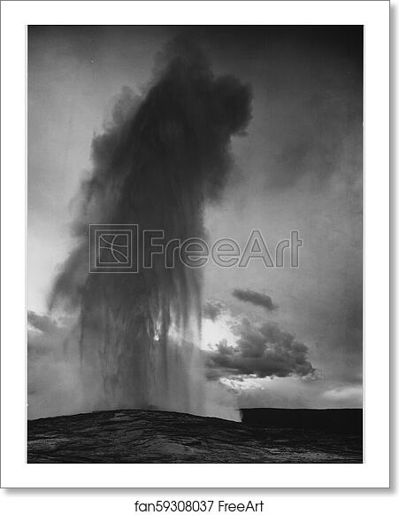 Free art print of Taken at dusk or dawn from various angles during eruption. "Old Faithful Geyser, Yellowstone National Park," Wyoming. (vertical orientation). Photographs of National Parks and Monuments, compiled 1941 - 1942, documenting the period ca. 1933 - 1942. by Ansel Adams (1902-1984) Free art print of Taken at dusk or dawn from various angles during eruption. "Old Faithful Geyser, Yellowstone National Park," Wyoming. (vertical orientation). Photographs of National Parks and Monuments, compiled 1941 - 1942, documenting the period ca. 1933 - 1942. by Ansel Adams (1902-1984)