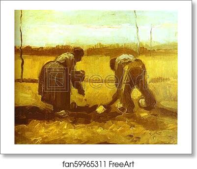 Free art print of Peasant Man and Woman Planting Potatoes by Vincent Van Gogh