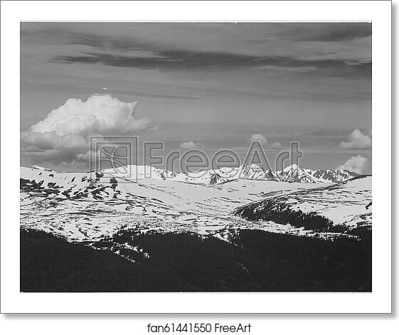 Free art print of View at timberline, dark foreground, light snow capped mountain, gray sky, "Rocky Mountain National Park. Never Summer Range,"Colorado. Photographs of National Parks and Monuments, compiled 1941 - 1942, documenting the period ca. 1933 - 1942. by Ansel Adams (1902-1984) Free art print of View at timberline, dark foreground, light snow capped mountain, gray sky, "Rocky Mountain National Park. Never Summer Range,"Colorado. Photographs of National Parks and Monuments, compiled 1941 - 1942, documenting the period ca. 1933 - 1942. by Ansel Adams (1902-1984)