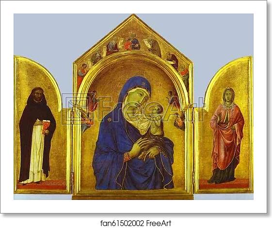 Free art print of Triptych (The Holy Virgin and the Christ Child with St. Dominic and St. Aurea) by Duccio Di Buoninsegna
