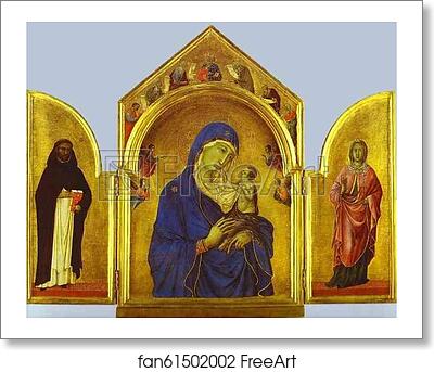 Free art print of Triptych (The Holy Virgin and the Christ Child with St. Dominic and St. Aurea) by Duccio Di Buoninsegna