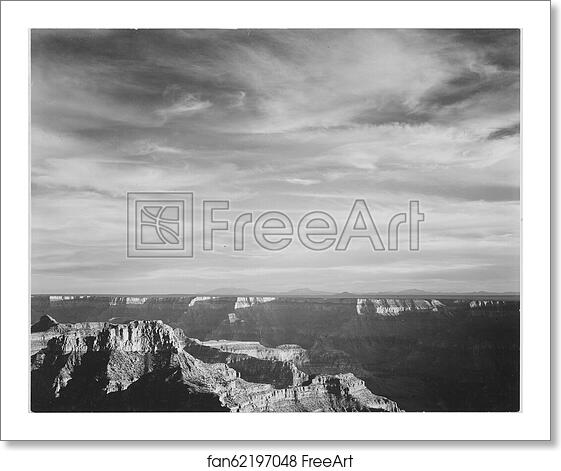 Free art print of View of canyon in foreground, horizon, mountains and clouded sky, from" North Rim, 1941," " Grand Canyon National Park," Arizona. Photographs of National Parks and Monuments, compiled 1941 - 1942, documenting the period ca. 1933 - 1942. by Ansel Adams (1902-1984) Free art print of View of canyon in foreground, horizon, mountains and clouded sky, from" North Rim, 1941," " Grand Canyon National Park," Arizona. Photographs of National Parks and Monuments, compiled 1941 - 1942, documenting the period ca. 1933 - 1942. by Ansel Adams (1902-1984)