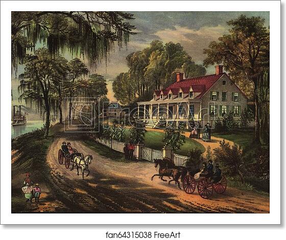 Free art print of Chromolithograph of the Woodland Plantation in West Pointe à la Hache, Louisiana, United States, by Currier and Ives. by Currier & Ives