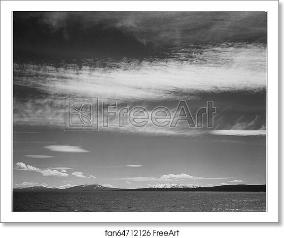 Free art print of Lake, narrow strip of mountains, low horizon, "Yellowstone Lake, Yellowstone National Park," Wyoming.  Photographs of National Parks and Monuments, compiled 1941 - 1942, documenting the period ca. 1933 - 1942. by Ansel Adams (1902-1984)