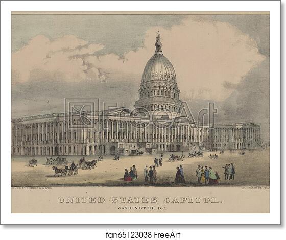 Free art print of United States Capitol, Washington, D.C. Print shows the east front of the U.S. Capitol as seen from the south-east, with pedestrians and horsedrawn carriages on plaza in front. by Currier & Ives