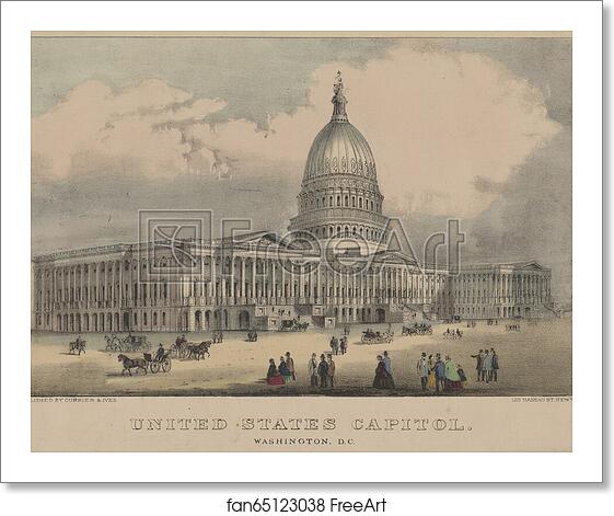 Free art print of United States Capitol, Washington, D.C. Print shows the east front of the U.S. Capitol as seen from the south-east, with pedestrians and horsedrawn carriages on plaza in front. by Currier & Ives Free art print of United States Capitol, Washington, D.C. Print shows the east front of the U.S. Capitol as seen from the south-east, with pedestrians and horsedrawn carriages on plaza in front. by Currier & Ives