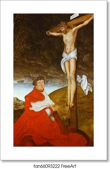 Free art print of Cardinal Albrecht of Brandenburg before the Crucified Christ by Lucas Cranach The Elder