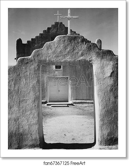 Free art print of Front view of entrance, "Church, Taos Pueblo National Historic Landmark, New Mexico, 1942" [Mission de San Geronimo] (vertical orientation).  Photographs of National Parks and Monuments, compiled 1941–42, documenting the period ca. 1933–42. by Ansel Adams (1902-1984)
