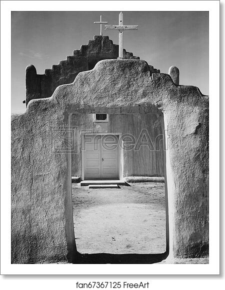 Free art print of Front view of entrance, "Church, Taos Pueblo National Historic Landmark, New Mexico, 1942" [Mission de San Geronimo] (vertical orientation).  Photographs of National Parks and Monuments, compiled 1941–42, documenting the period ca. 1933–42. by Ansel Adams (1902-1984)