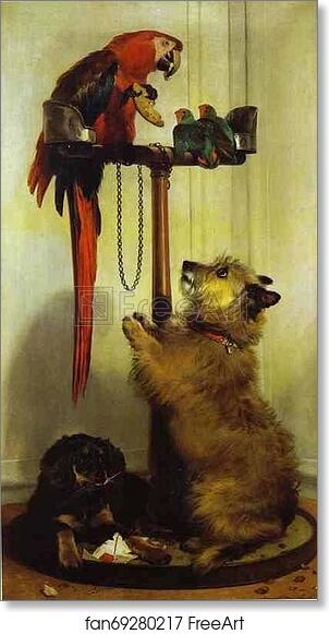Free art print of Macaw, Love Birds, Terrier, and Spaniel Puppies, Belonging to Her Majesty by Sir Edwin Landseer