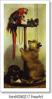 Free art print of Macaw, Love Birds, Terrier, and Spaniel Puppies, Belonging to Her Majesty by Sir Edwin Landseer