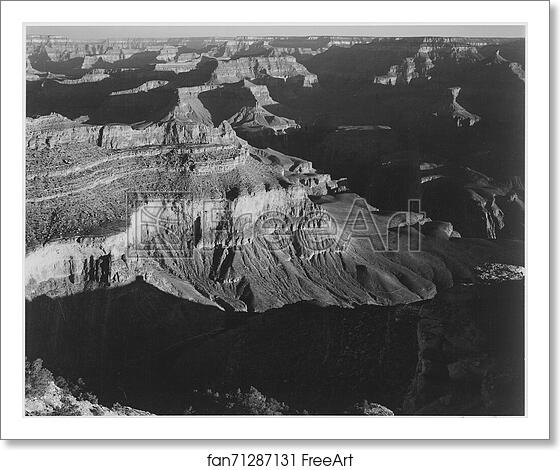 Free art print of View, dark shadows in foreground and right, framing cliffs at left and center, "Grand Canyon National Park," Arizona.  Photographs of National Parks and Monuments, compiled 1941 - 1942, documenting the period ca. 1933 - 1942. by Ansel Adams (1902-1984)