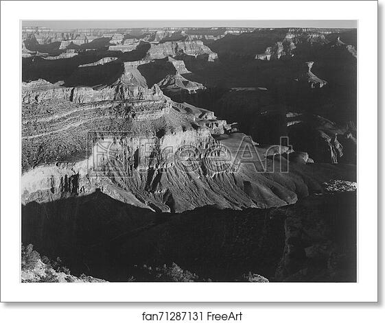 Free art print of View, dark shadows in foreground and right, framing cliffs at left and center, "Grand Canyon National Park," Arizona. Photographs of National Parks and Monuments, compiled 1941 - 1942, documenting the period ca. 1933 - 1942. by Ansel Adams (1902-1984) Free art print of View, dark shadows in foreground and right, framing cliffs at left and center, "Grand Canyon National Park," Arizona. Photographs of National Parks and Monuments, compiled 1941 - 1942, documenting the period ca. 1933 - 1942. by Ansel Adams (1902-1984)