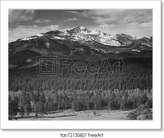 Free art print of Trees in foreground, snow covered mountain in background, "Long's Peak from North, Rocky Mountain National Park," Colorado.  Photographs of National Parks and Monuments, compiled 1941 - 1942, documenting the period ca. 1933 - 1942. by Ansel Adams (1902-1984)