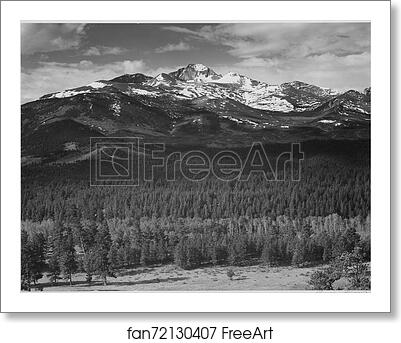 Free art print of Trees in foreground, snow covered mountain in background, "Long's Peak from North, Rocky Mountain National Park," Colorado. Photographs of National Parks and Monuments, compiled 1941 - 1942, documenting the period ca. 1933 - 1942. by Ansel Adams (1902-1984) Free art print of Trees in foreground, snow covered mountain in background, "Long's Peak from North, Rocky Mountain National Park," Colorado. Photographs of National Parks and Monuments, compiled 1941 - 1942, documenting the period ca. 1933 - 1942. by Ansel Adams (1902-1984)