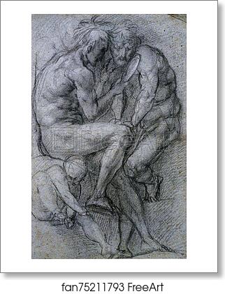 Free art print of Two Male Figures Looking in a Mirror and a Putto by Jacopo Carrucci, Known As Pontormo