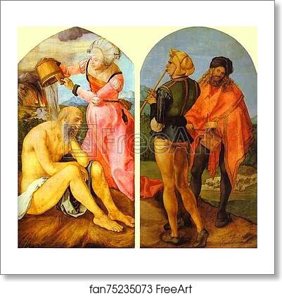 Free art print of The Jabach Altarpiece. Job Castigated by His Wife. Piper and Drummer by Albrecht Dürer