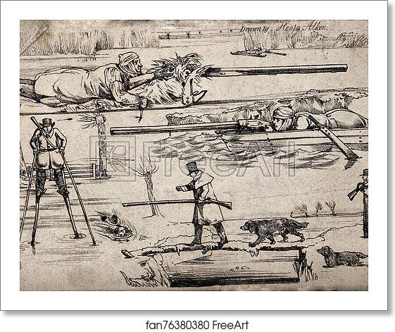 Free art print of Four different ways of dealing with water during a hunt: a hunter lying on ice, a hunter hiding in a boat, a hunter on stilts and a hunter using a pole as a bridge. by Henry Thomas Alken Free art print of Four different ways of dealing with water during a hunt: a hunter lying on ice, a hunter hiding in a boat, a hunter on stilts and a hunter using a pole as a bridge. by Henry Thomas Alken