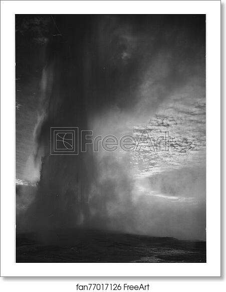 Free art print of Taken at dusk or dawn from various angles during eruption. "Old Faithful Geyser, Yellowstone National Park," Wyoming. (vertical orientation). Photographs of National Parks and Monuments, compiled 1941 - 1942, documenting the period ca. 1933 - 1942. by Ansel Adams (1902-1984) Free art print of Taken at dusk or dawn from various angles during eruption. "Old Faithful Geyser, Yellowstone National Park," Wyoming. (vertical orientation). Photographs of National Parks and Monuments, compiled 1941 - 1942, documenting the period ca. 1933 - 1942. by Ansel Adams (1902-1984)