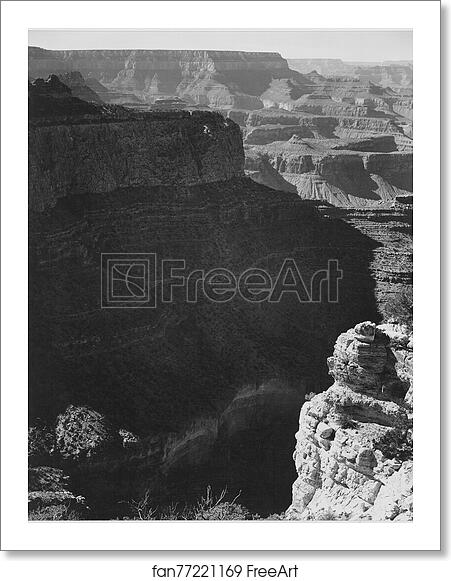 Free art print of View of darkly shadowed canyon at left and center, from the "South Rim, 1941, Grand Canyon National Park," Arizona. (vertical orientation). Photographs of National Parks and Monuments, compiled 1941 - 1942, documenting the period ca. 1933 - 1942. by Ansel Adams (1902-1984) Free art print of View of darkly shadowed canyon at left and center, from the "South Rim, 1941, Grand Canyon National Park," Arizona. (vertical orientation). Photographs of National Parks and Monuments, compiled 1941 - 1942, documenting the period ca. 1933 - 1942. by Ansel Adams (1902-1984)