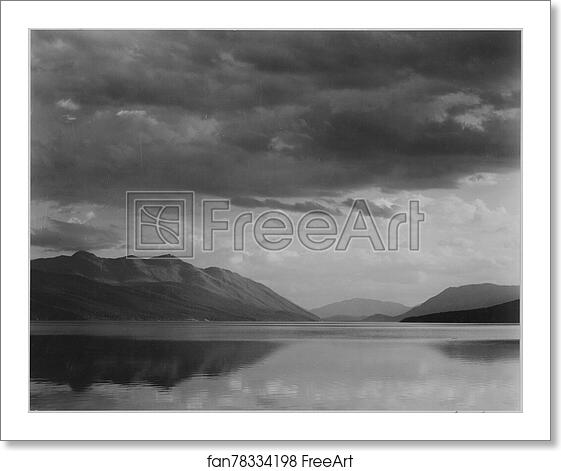 Free art print of Looking across lake to mountains and clouds, "Evening, McDonald Lake, Glacier National Park," Montana.  Photographs of National Parks and Monuments, compiled 1941 - 1942, documenting the period ca. 1933 - 1942. by Ansel Adams (1902-1984)
