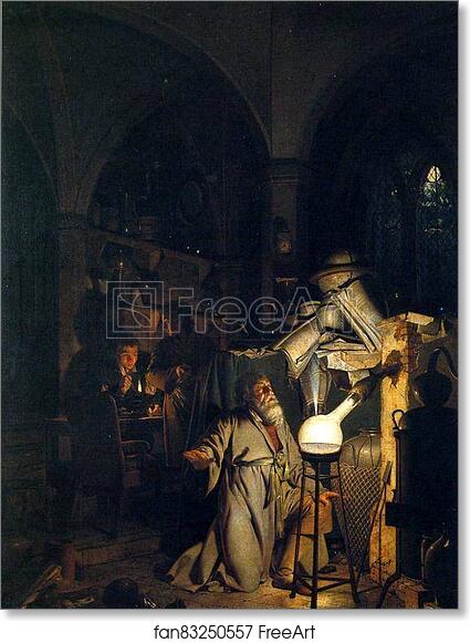 Free art print of The Alchymist, in Search of the Philosopher's Stone, Discovers Phosphorus, and Prays for the Successful Conclusion of His Operation, as Was the Custom of the Ancient Chymical Astrologers by Joseph Wright Of Derby